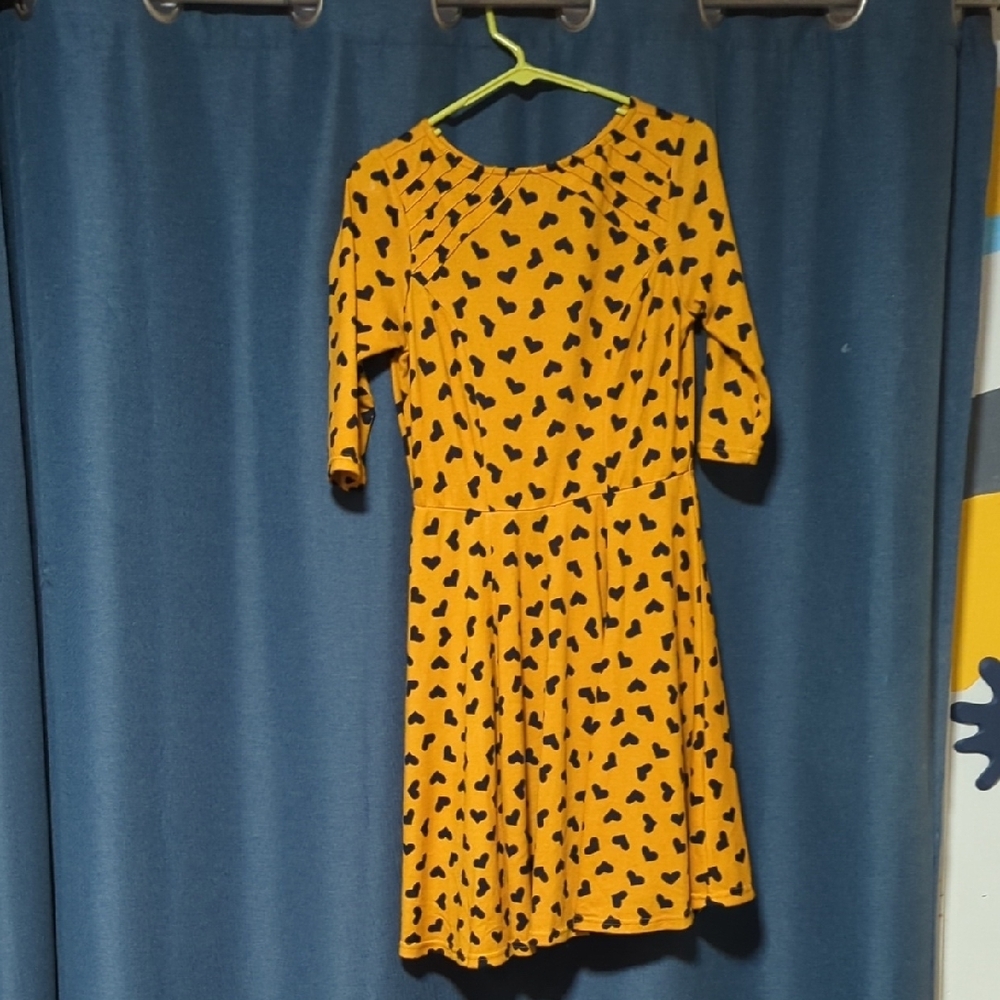 Unique Vintage Yellow And Navy Hearts 3/4 Sleeve Dress.